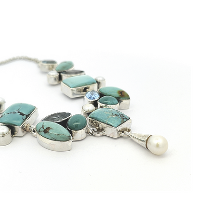 Turquoise Necklace with Blue Topaz and Pearl -  Francesca - boothandbooth