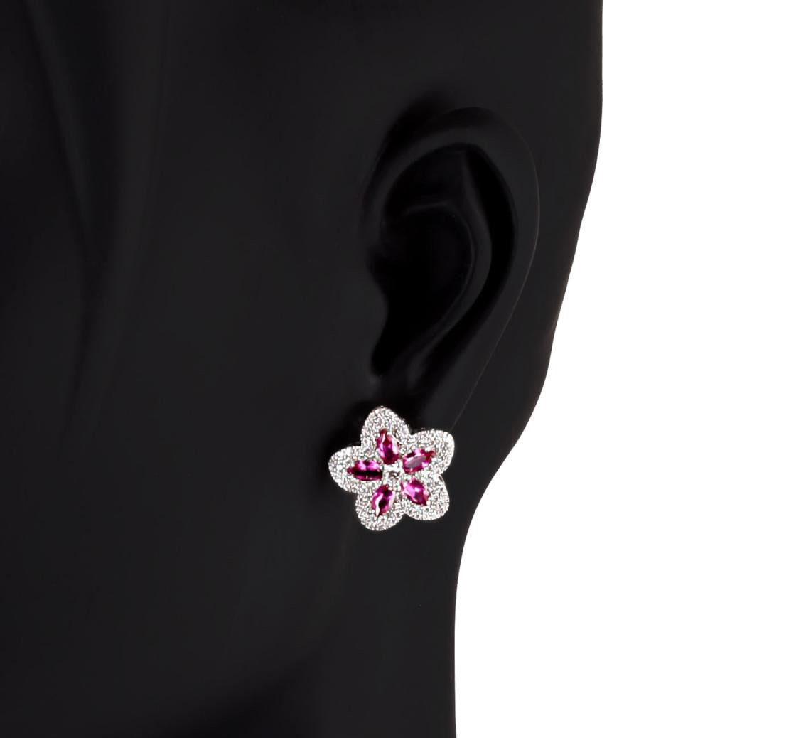 Flower earrings in rhodium-plated 925 silver with pave of white and coloured zircons - boothandbooth