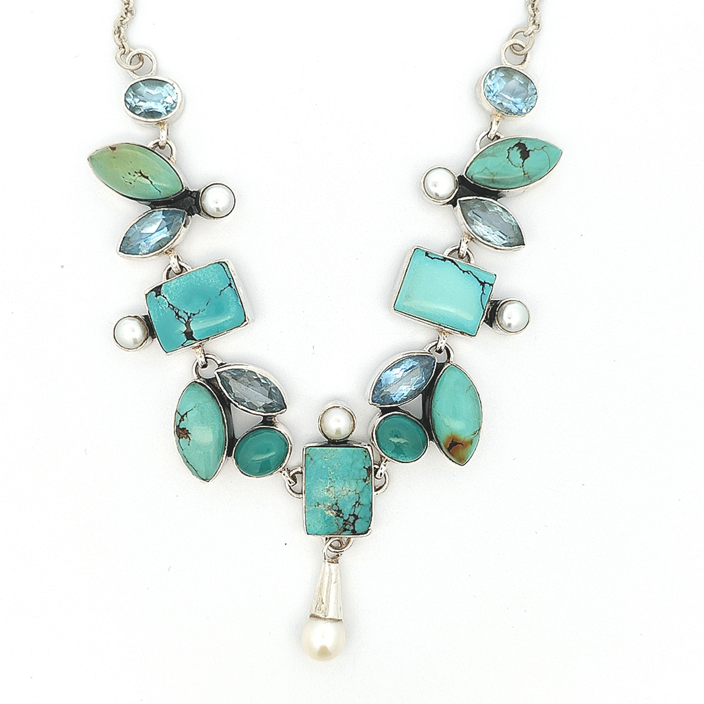 Turquoise Necklace with Blue Topaz and Pearl -  Francesca - boothandbooth