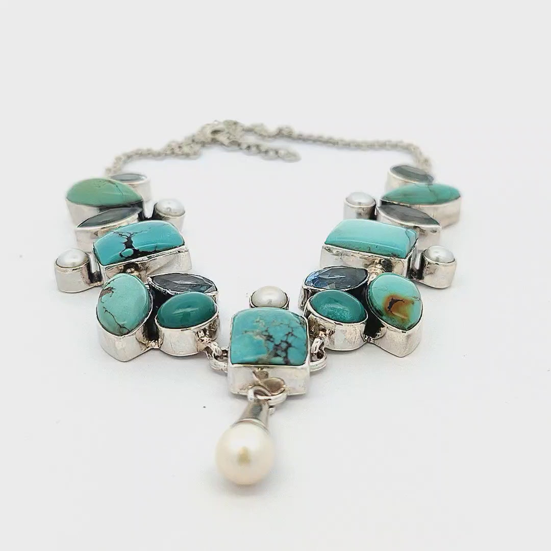 Turquoise Necklace with Blue Topaz and Pearl -  Francesca