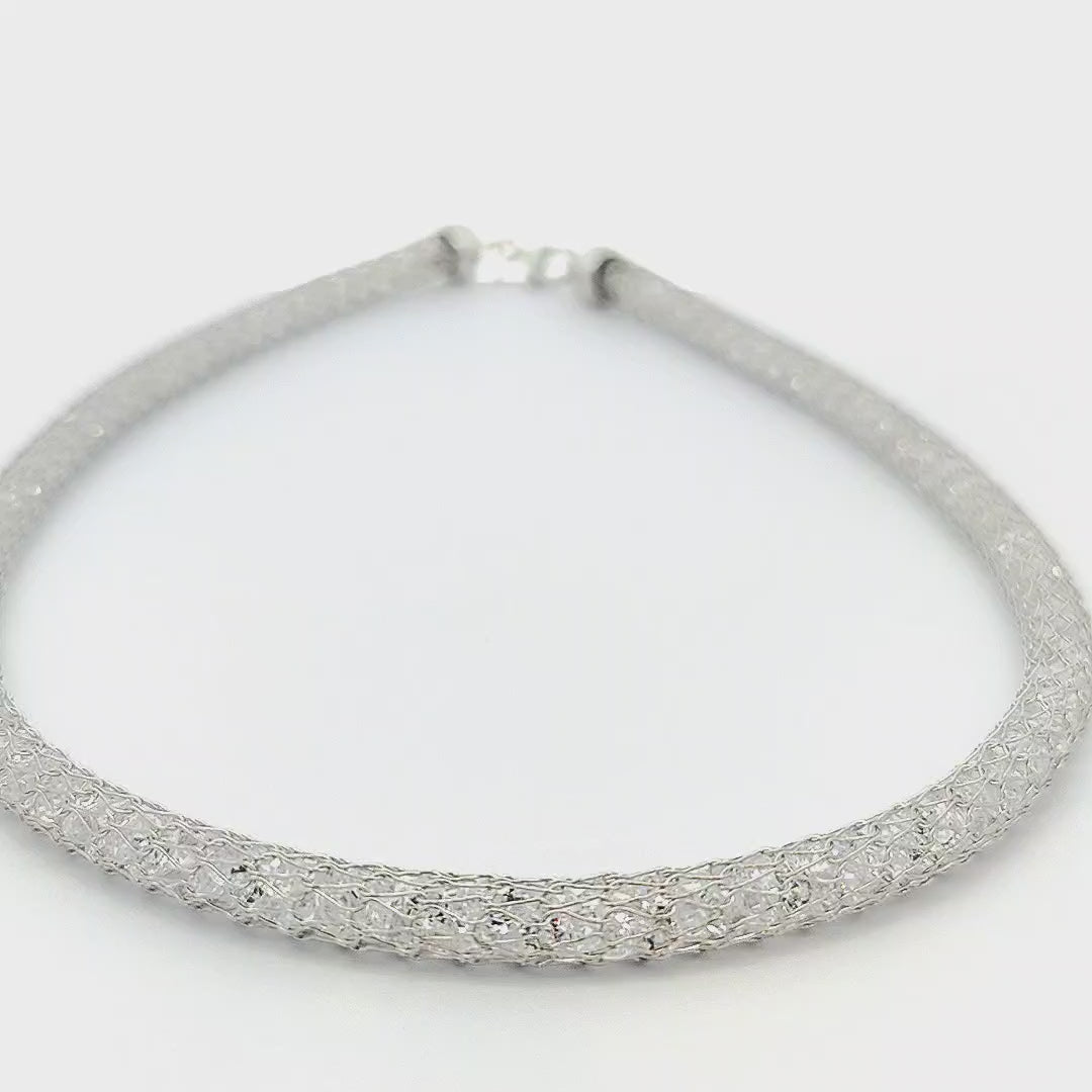 Italian Sterling Silver Crystal Mesh Necklace, Width  8mm