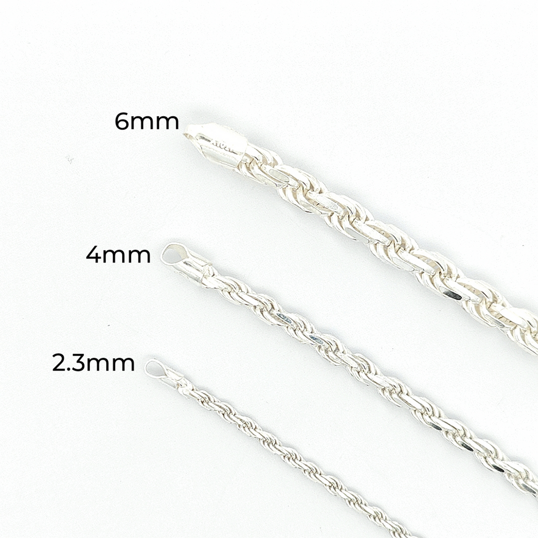 Sterling Silver Diamond Cut Rope Chain, Width 6mm