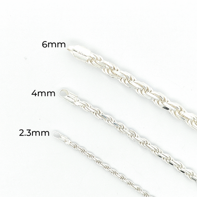 Sterling Silver Diamond Cut Rope Chain, Width 6mm - boothandbooth